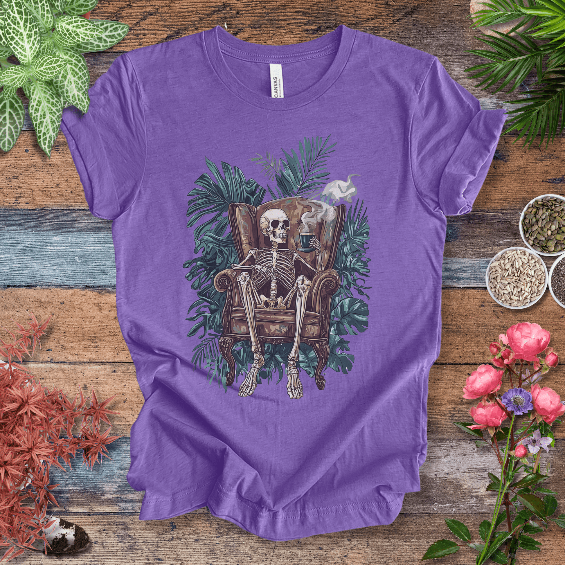 Printify T-Shirt Heather Team Purple / S Skeleton Sip Jungle Vibes T-Shirt