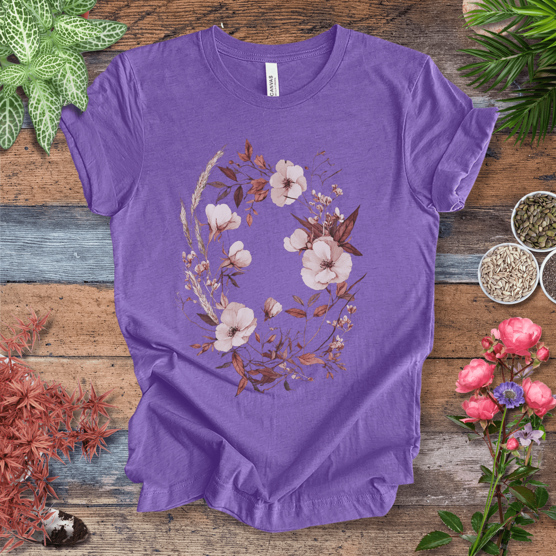 Printify T-Shirt Heather Team Purple / S Vintage Floral Wreath Botanical T-Shirt