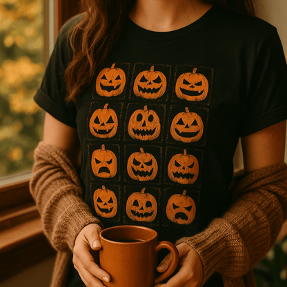 Printify T-Shirt Jack-O’-Lantern Faces Halloween Shirt – Vintage Pumpkin Tee