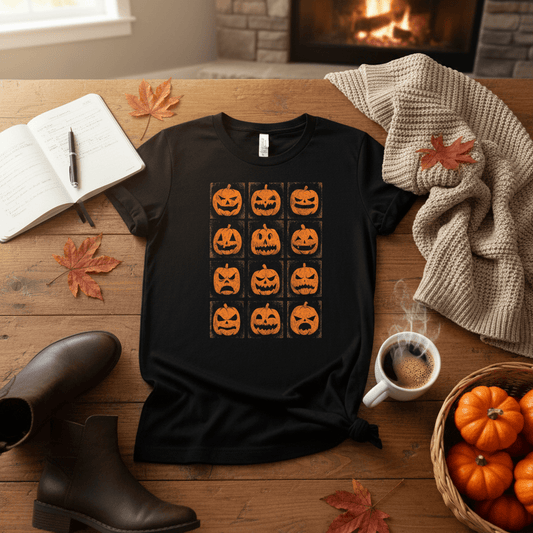 Printify T-Shirt Jack-O’-Lantern Faces Halloween Shirt – Vintage Pumpkin Tee