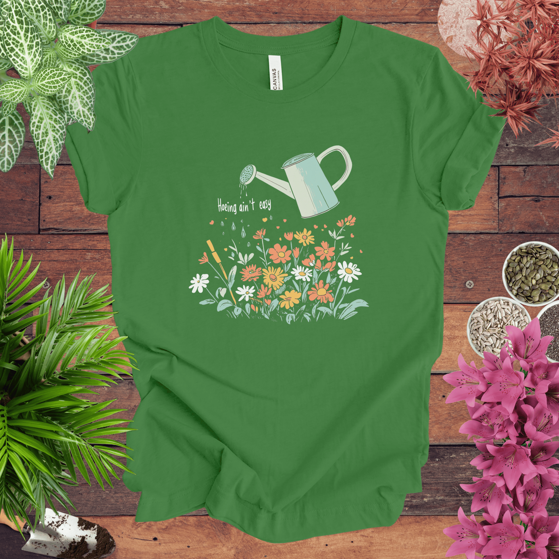 Printify T-Shirt Leaf / S Hoeing Ain’t Easy Floral Watering Can T-Shirt