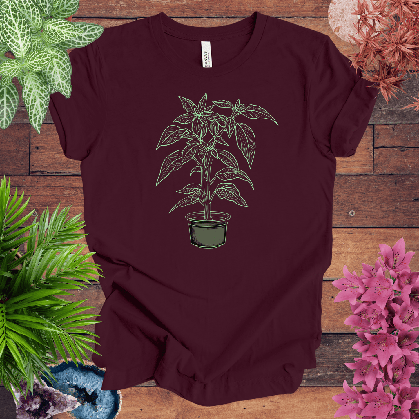 Printify T-Shirt Maroon / S Basil Plant Outline T-Shirt