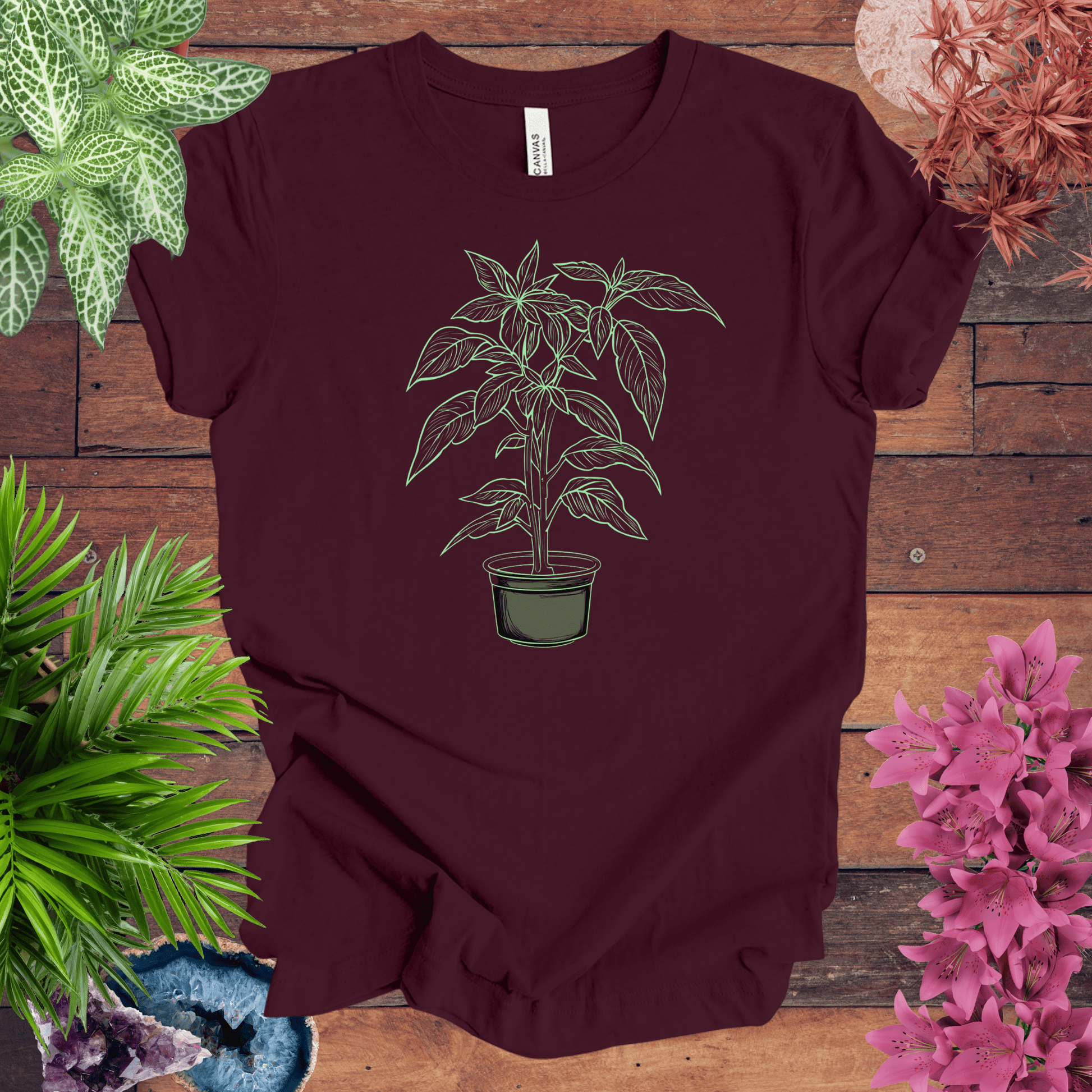 Printify T-Shirt Maroon / S Basil Plant Outline T-Shirt