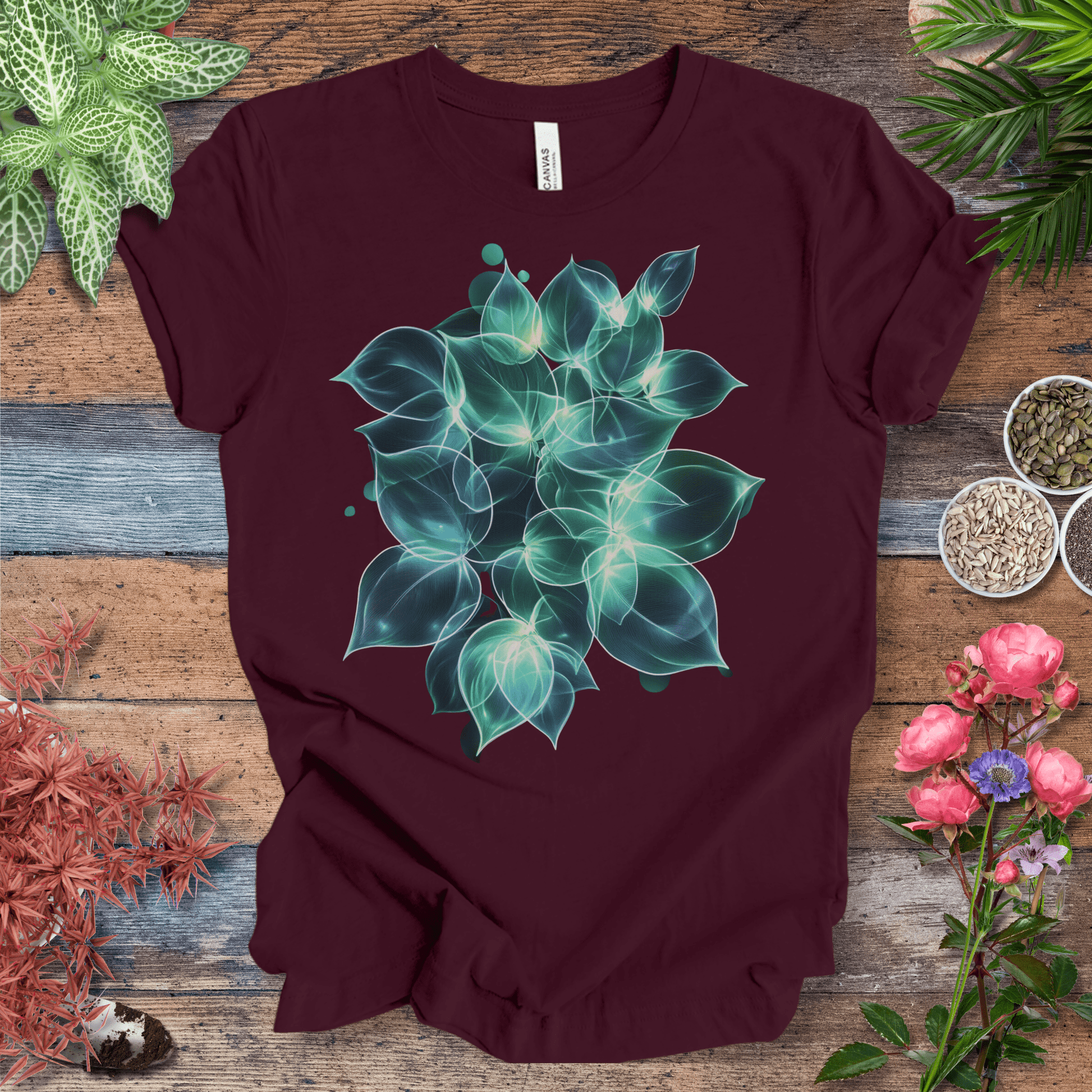 Printify T-Shirt Maroon / S Ethereal Glowing Leaves Botanical Nature Lover T-Shirt
