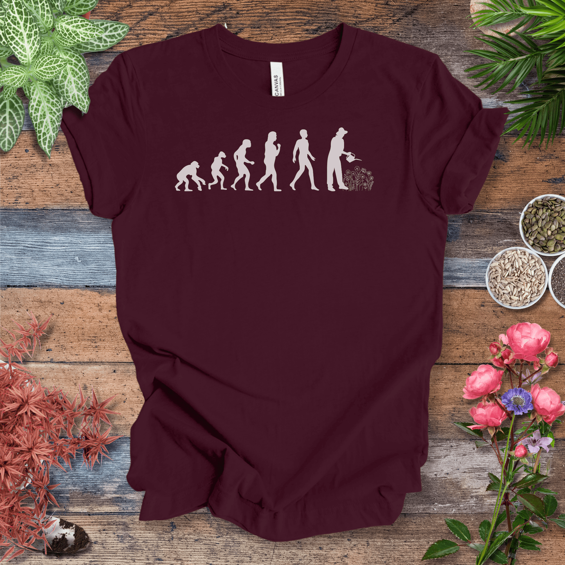 Printify T-Shirt Maroon / S Evolution of a Gardener (Flowers) | Playful Plant Lover Tee
