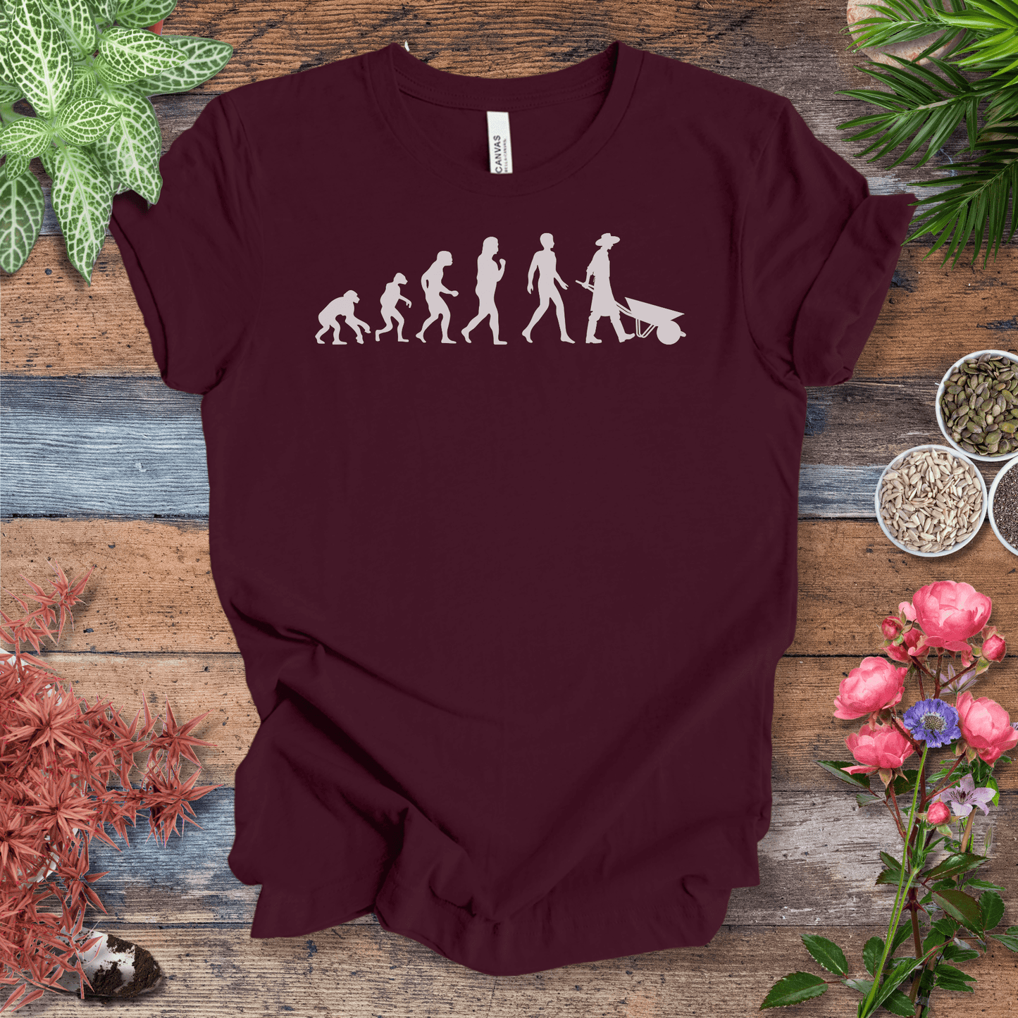 Printify T-Shirt Maroon / S Evolution of a Gardener (Wheelbarrow) | Fun Gardening Tee