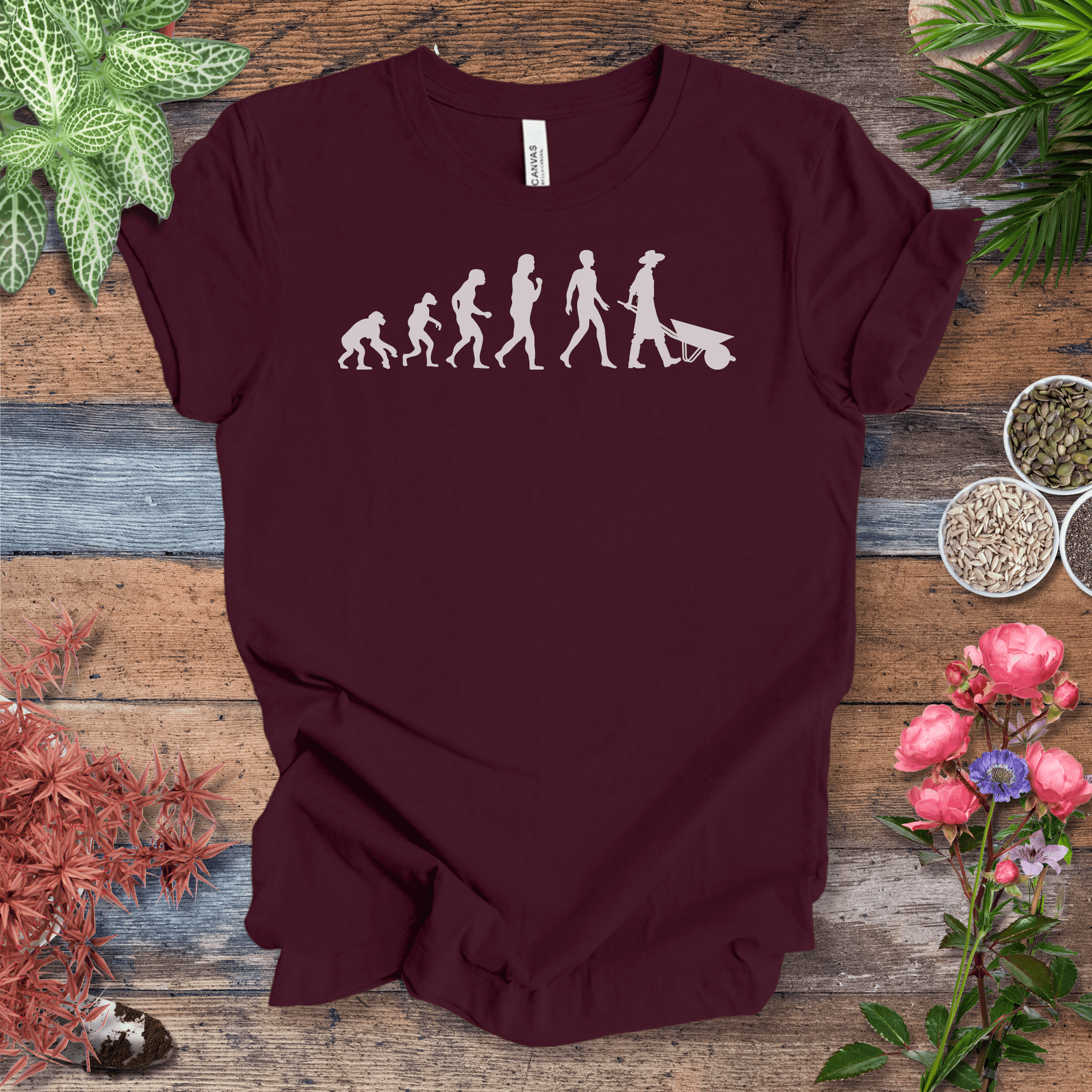 Printify T-Shirt Maroon / S Evolution of a Gardener (Wheelbarrow) | Fun Gardening Tee