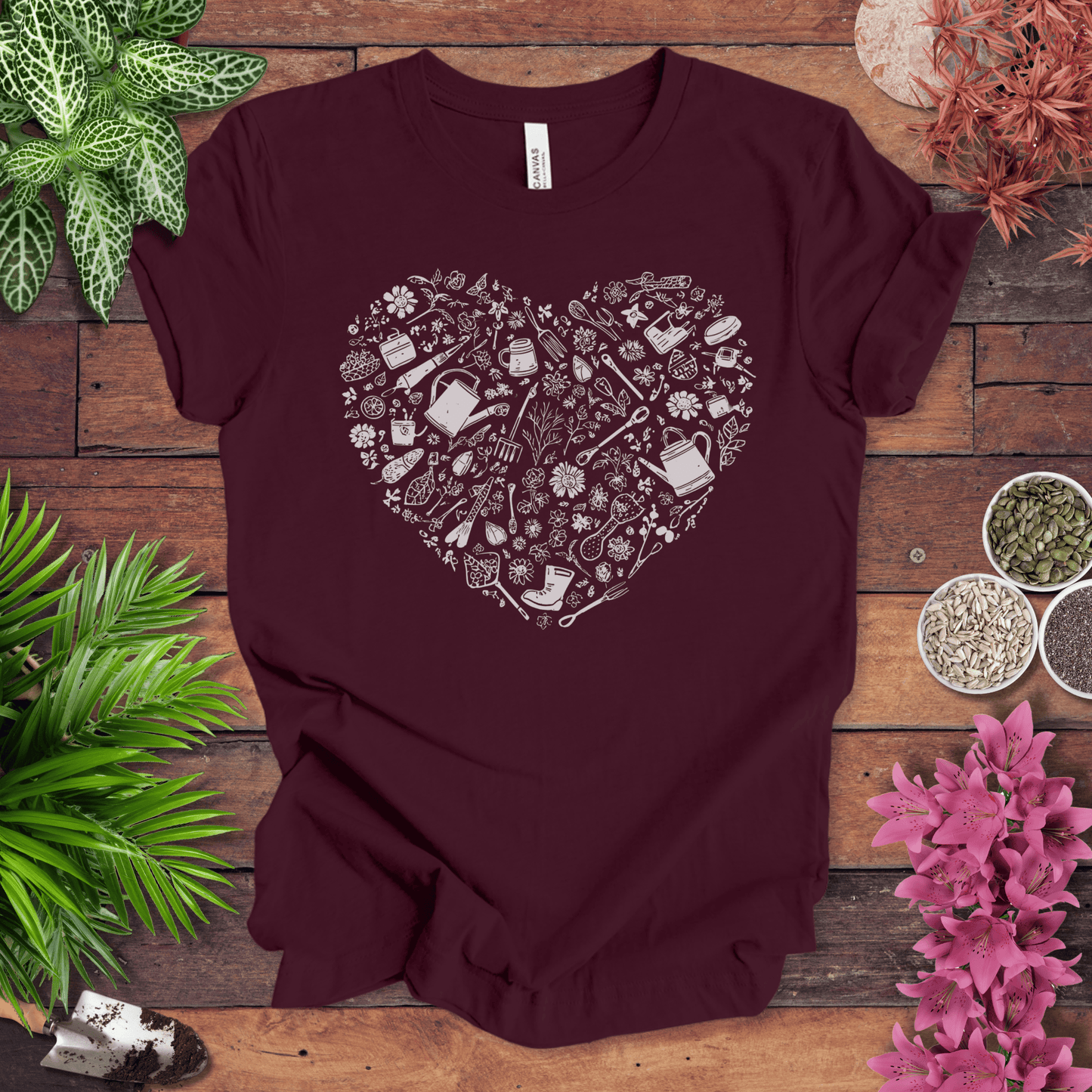 Printify T-Shirt Maroon / S Gardening Tools T-Shirt – Botanical Garden Tools Heart Graphic Tee