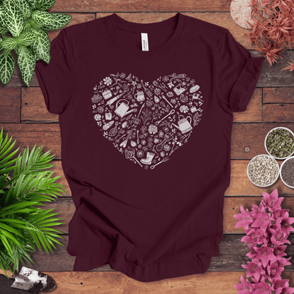 Printify T-Shirt Maroon / S Gardening Tools T-Shirt – Botanical Garden Tools Heart Graphic Tee