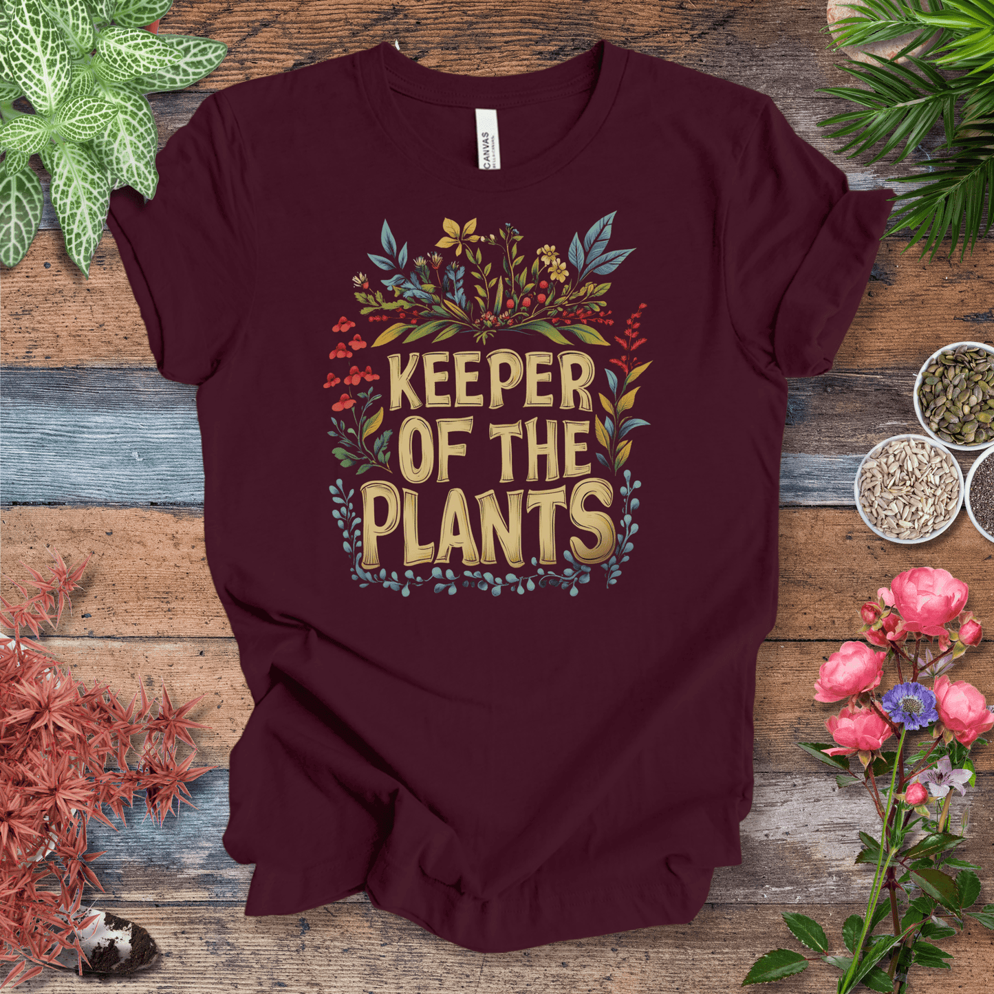 Printify T-Shirt Maroon / S Keeper of the Plants – Colorful Blooms Edition | Plant Lover Tee