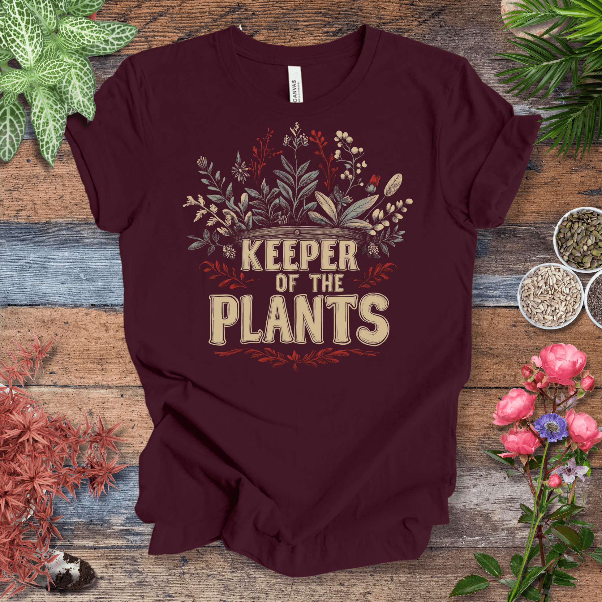 Printify T-Shirt Maroon / S Keeper of the Plants – Vintage Floral Edition | Eco-Friendly Tee