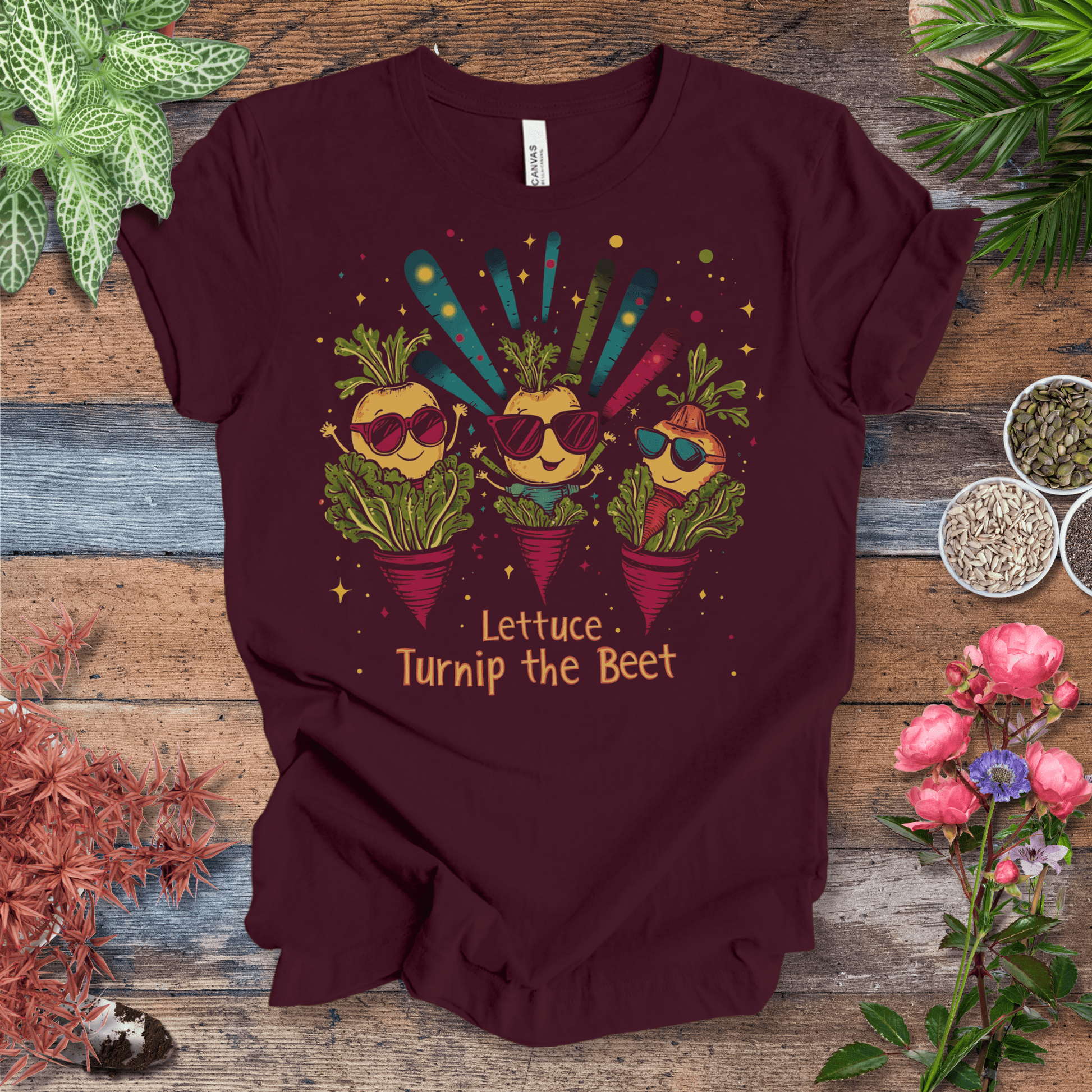 Printify T-Shirt Maroon / S Lettuce Turnip the Beet – Party Veggies T-Shirt