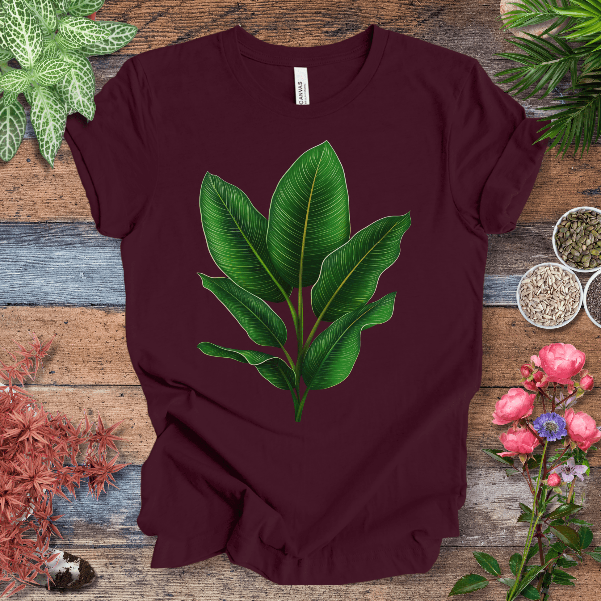 Printify T-Shirt Maroon / S Lush Green Tropical Leaves Jungle Vibes Plant Lover T-Shirt