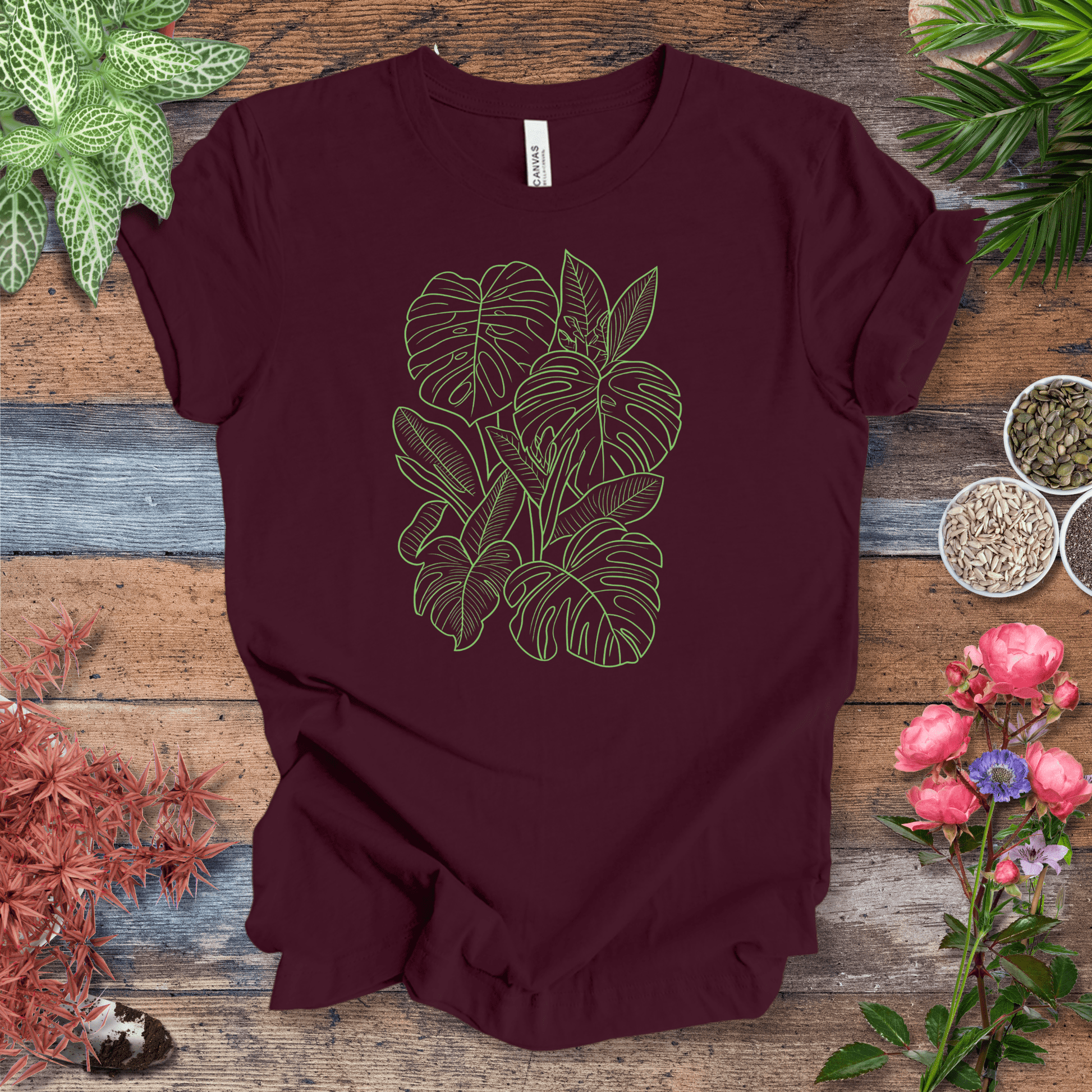 Printify T-Shirt Maroon / S Minimalist Neon Monstera Plant T-Shirt