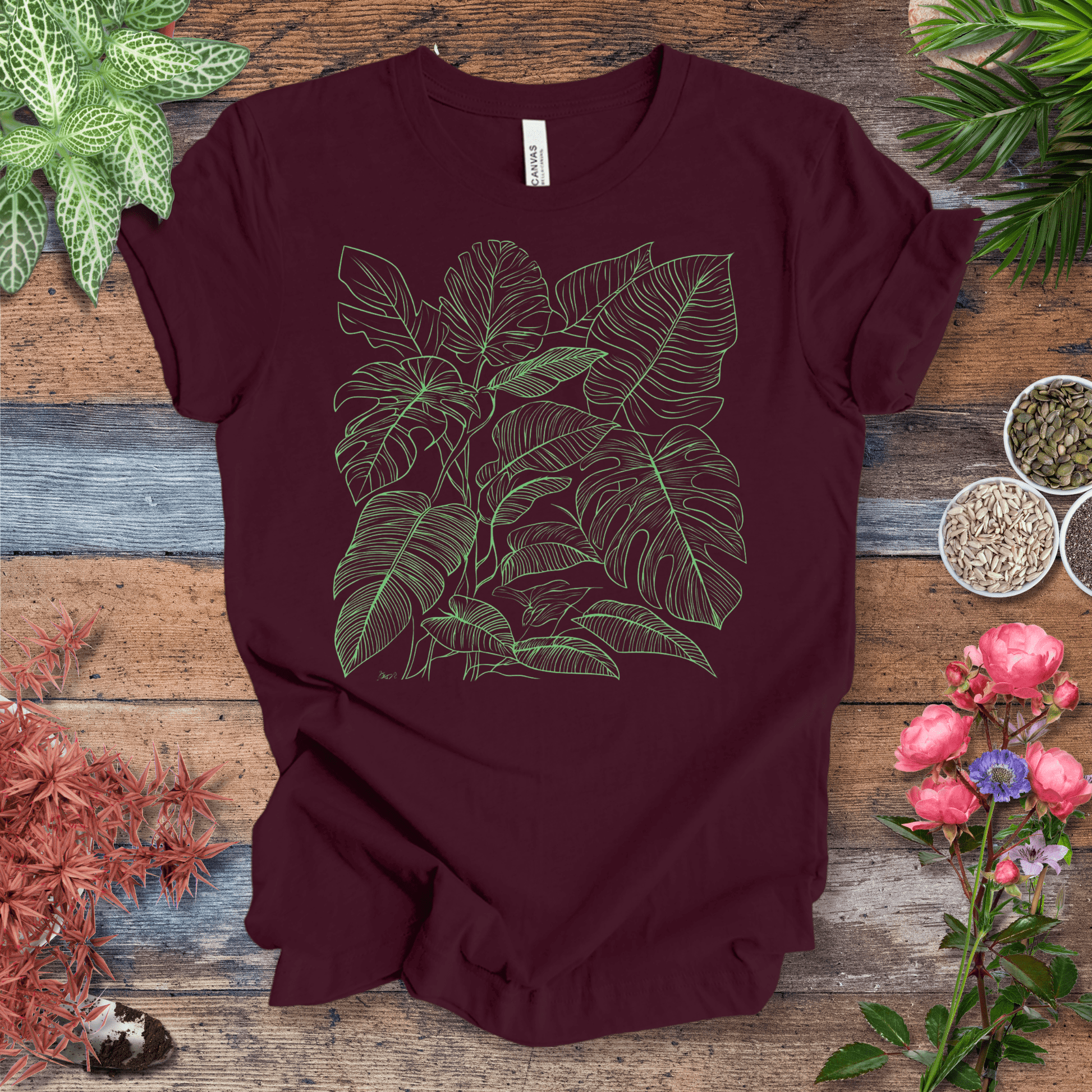 Printify T-Shirt Maroon / S Monstera Jungle Line-Art T-Shirt – Neon Green Tropical Leaves Graphic Tee | Botanical Streetwear, Houseplant Lover Gift
