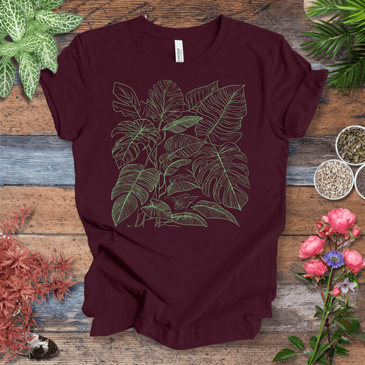 Printify T-Shirt Maroon / S Monstera Jungle Line-Art T-Shirt – Neon Green Tropical Leaves Graphic Tee | Botanical Streetwear, Houseplant Lover Gift