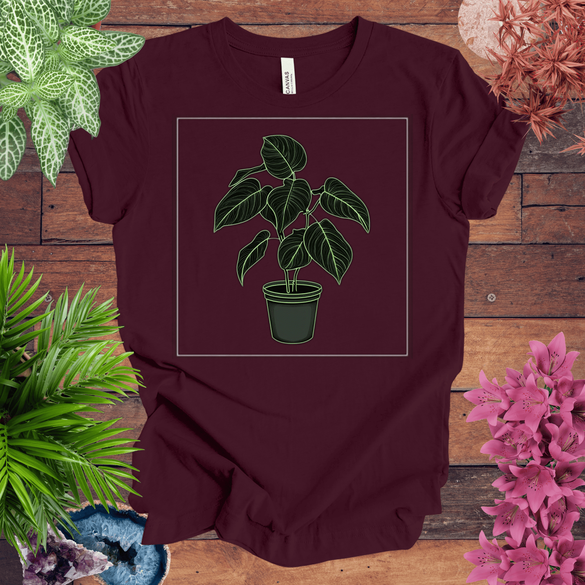 Monstera Plant Outline T-Shirt Maroon / XL