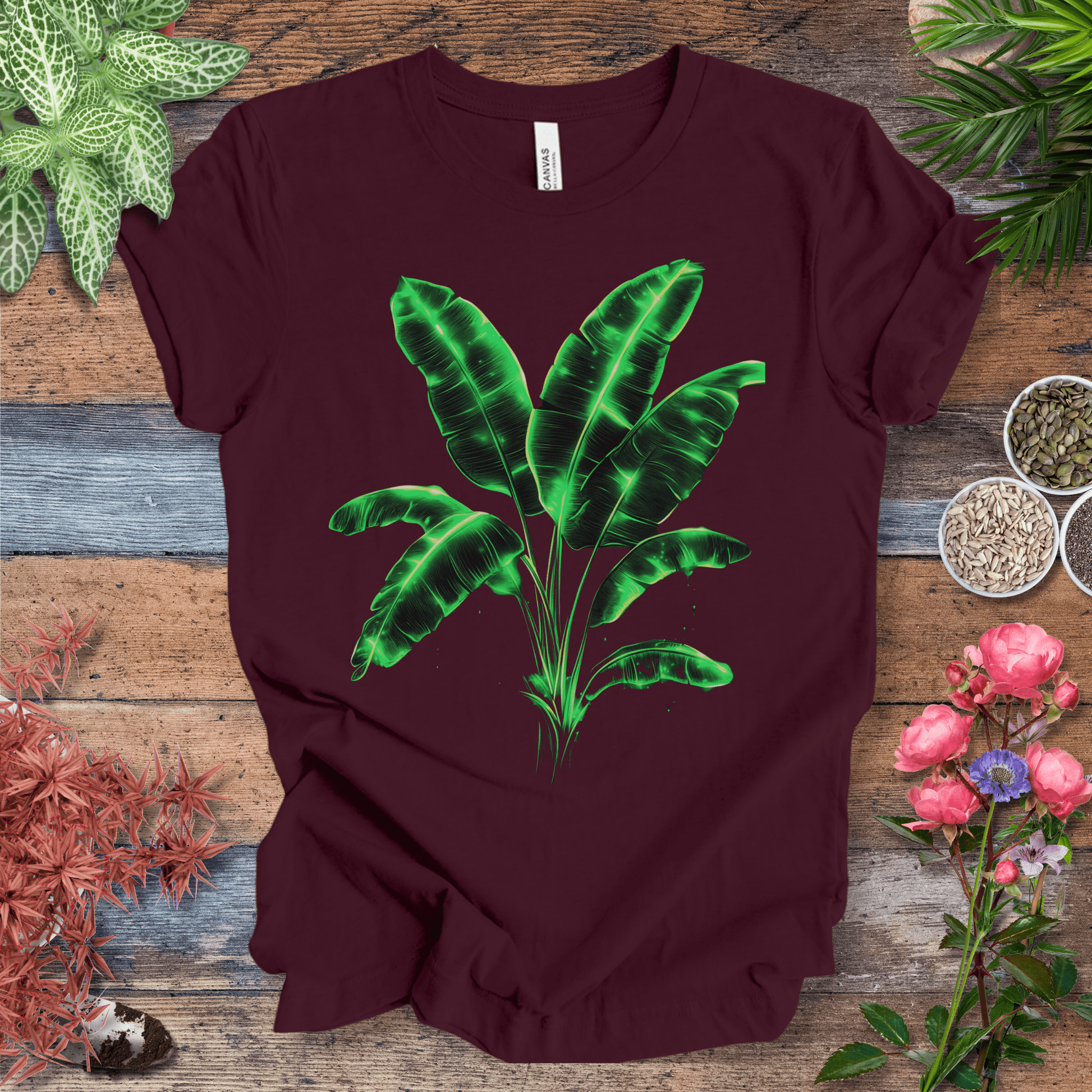 Printify T-Shirt Maroon / S Neon Glow Banana Leaves Plant Lover Aesthetic T-Shirt