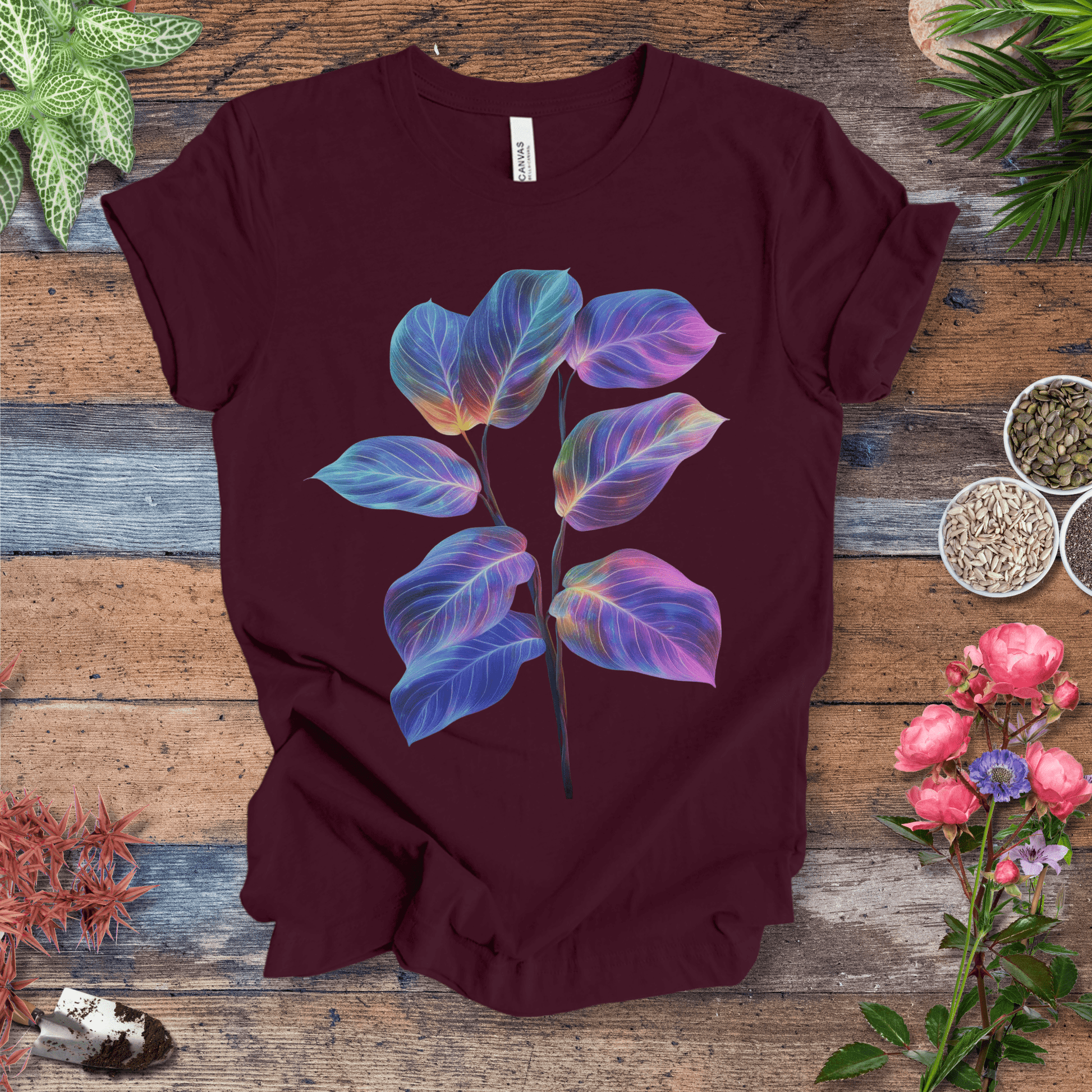 Printify T-Shirt Maroon / S Neon Glow Calathea plant T-Shirt