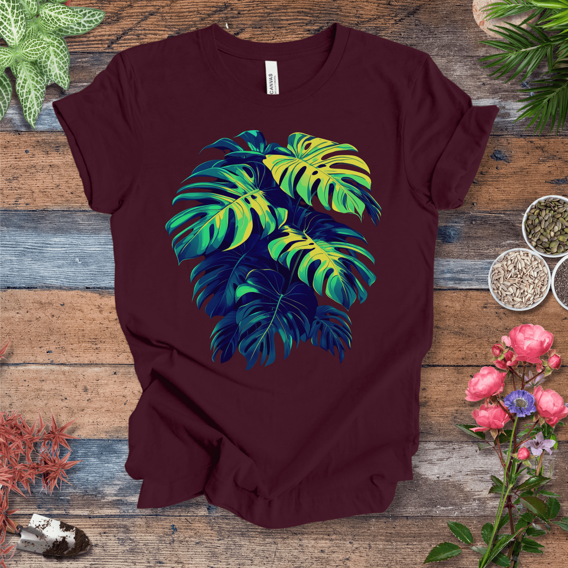 Printify T-Shirt Maroon / S Neon Monstera Leaves T-Shirt