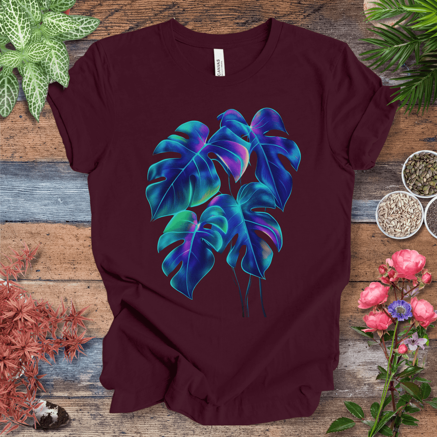 Printify T-Shirt Maroon / S Neon Rainbow Monstera Jungle Aesthetic Plant Lover T-Shirt