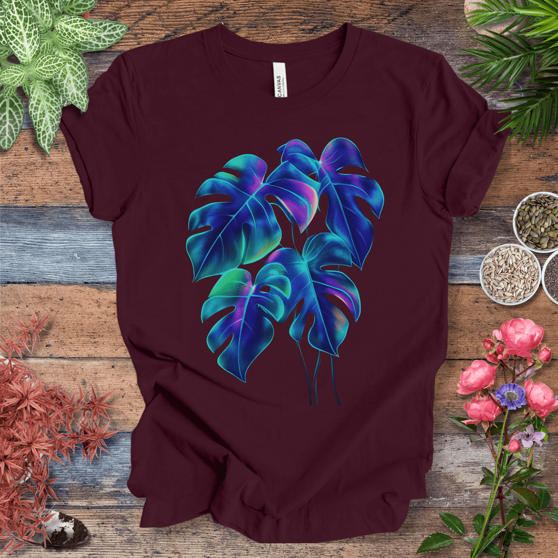 Printify T-Shirt Maroon / S Neon Rainbow Monstera Jungle Aesthetic Plant Lover T-Shirt