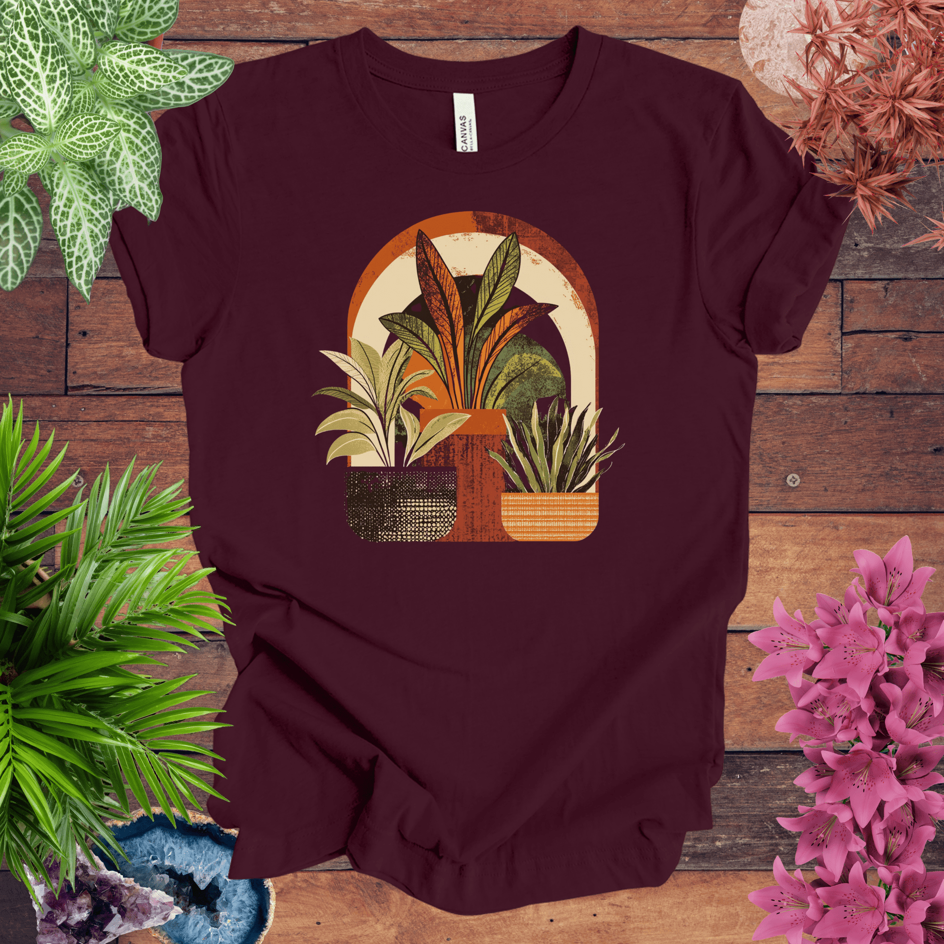 Printify T-Shirt Maroon / S Retro Boho Plant Arch T-Shirt