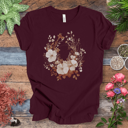 Printify T-Shirt Maroon / S Rustic Floral Wreath Botanical T-Shirt