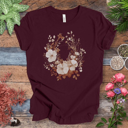 Printify T-Shirt Maroon / S Rustic Floral Wreath Botanical T-Shirt