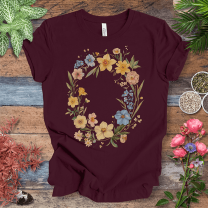 Printify T-Shirt Maroon / S Spring Meadow Floral Wreath T-Shirt