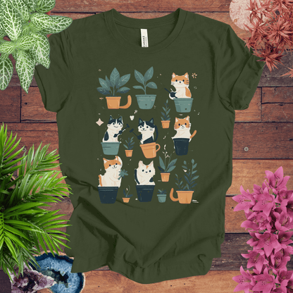 Printify T-Shirt Military Green / S Curious Cats and Houseplants T-Shirt