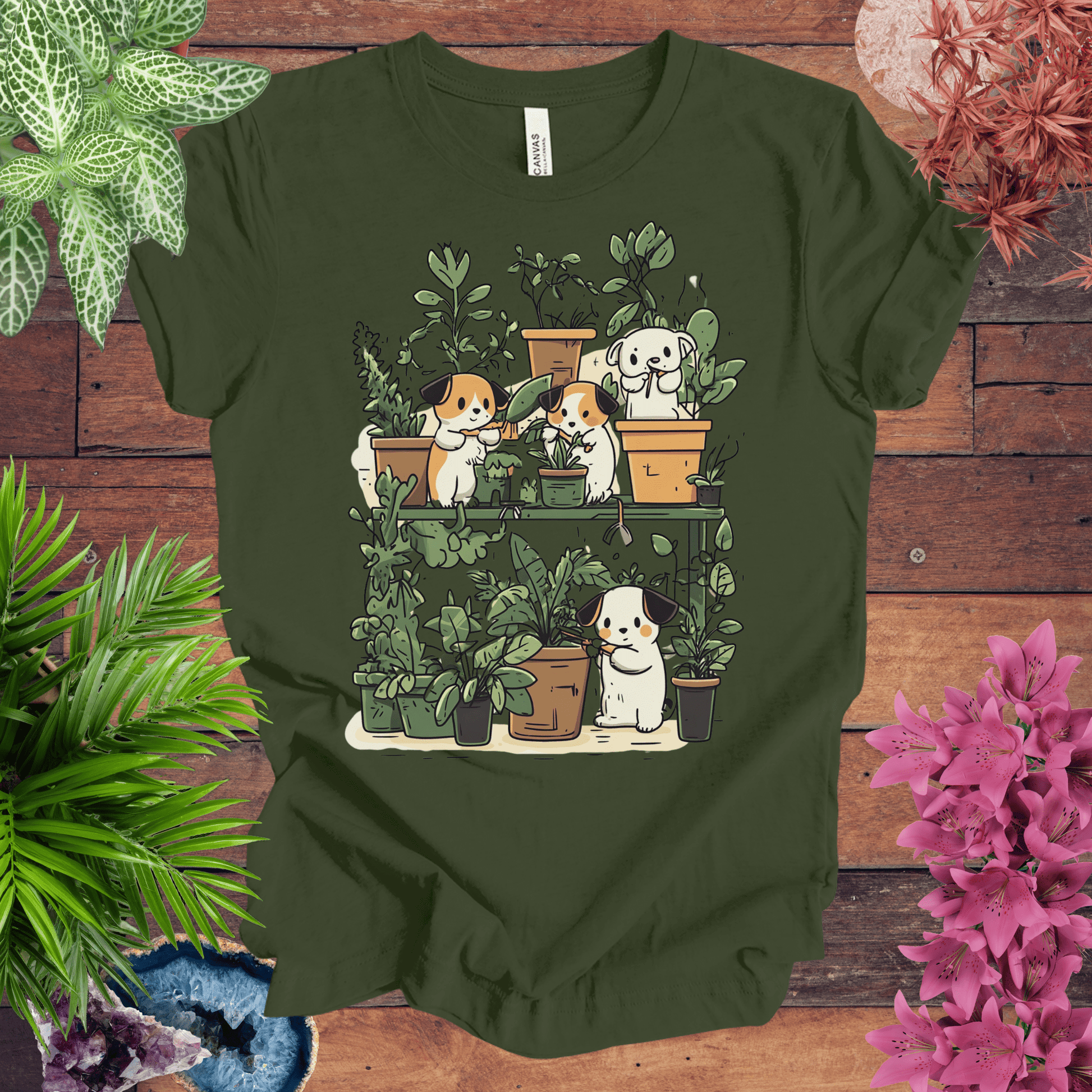 Printify T-Shirt Military Green / S Green Paws - Puppy Plant Care T-Shirt