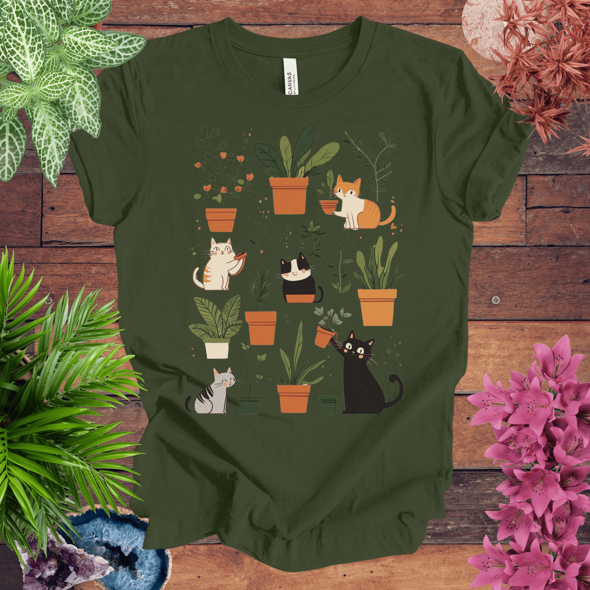Printify T-Shirt Military Green / S Kittens Tending Their Garden T-Shirt