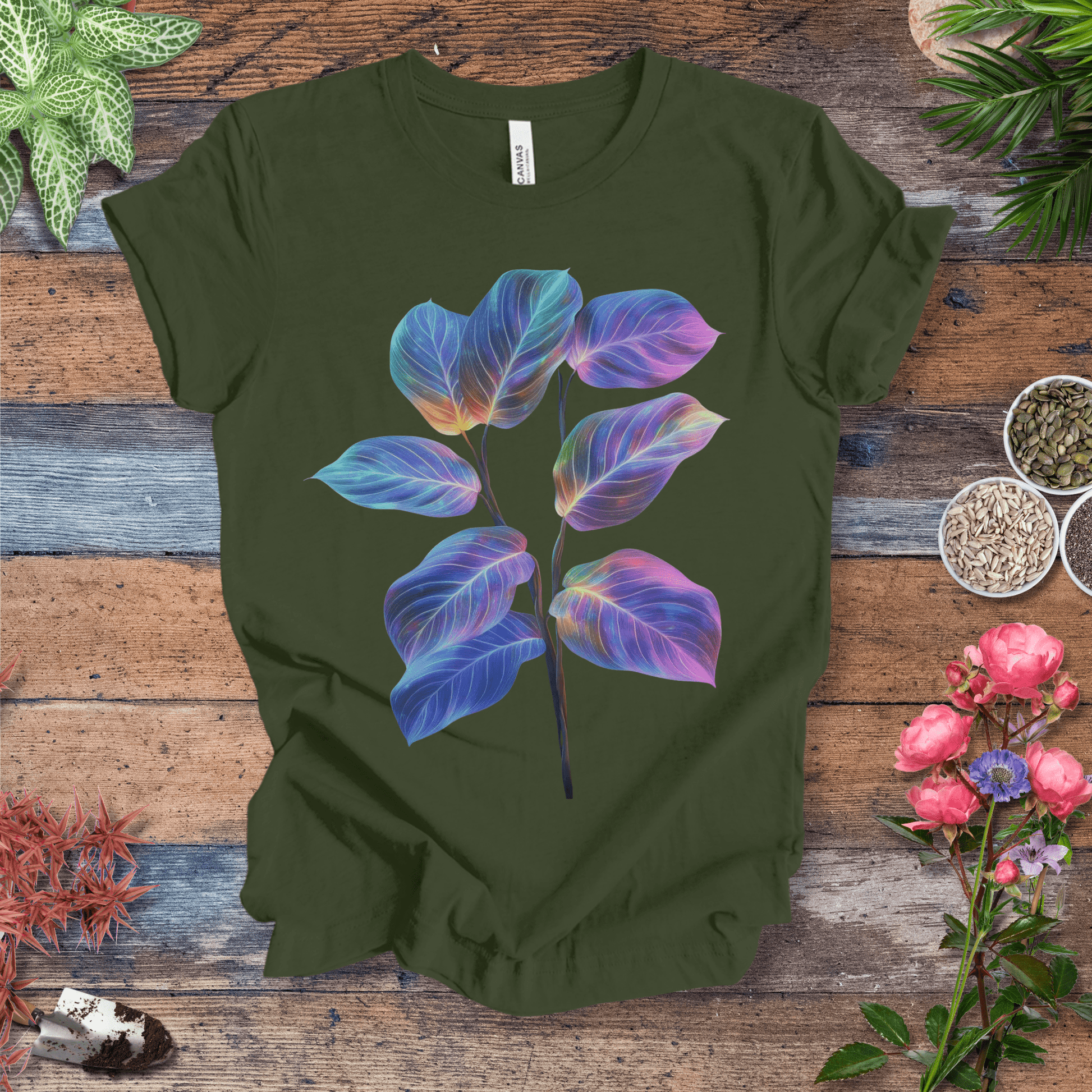 Printify T-Shirt Military Green / S Neon Glow Calathea plant T-Shirt