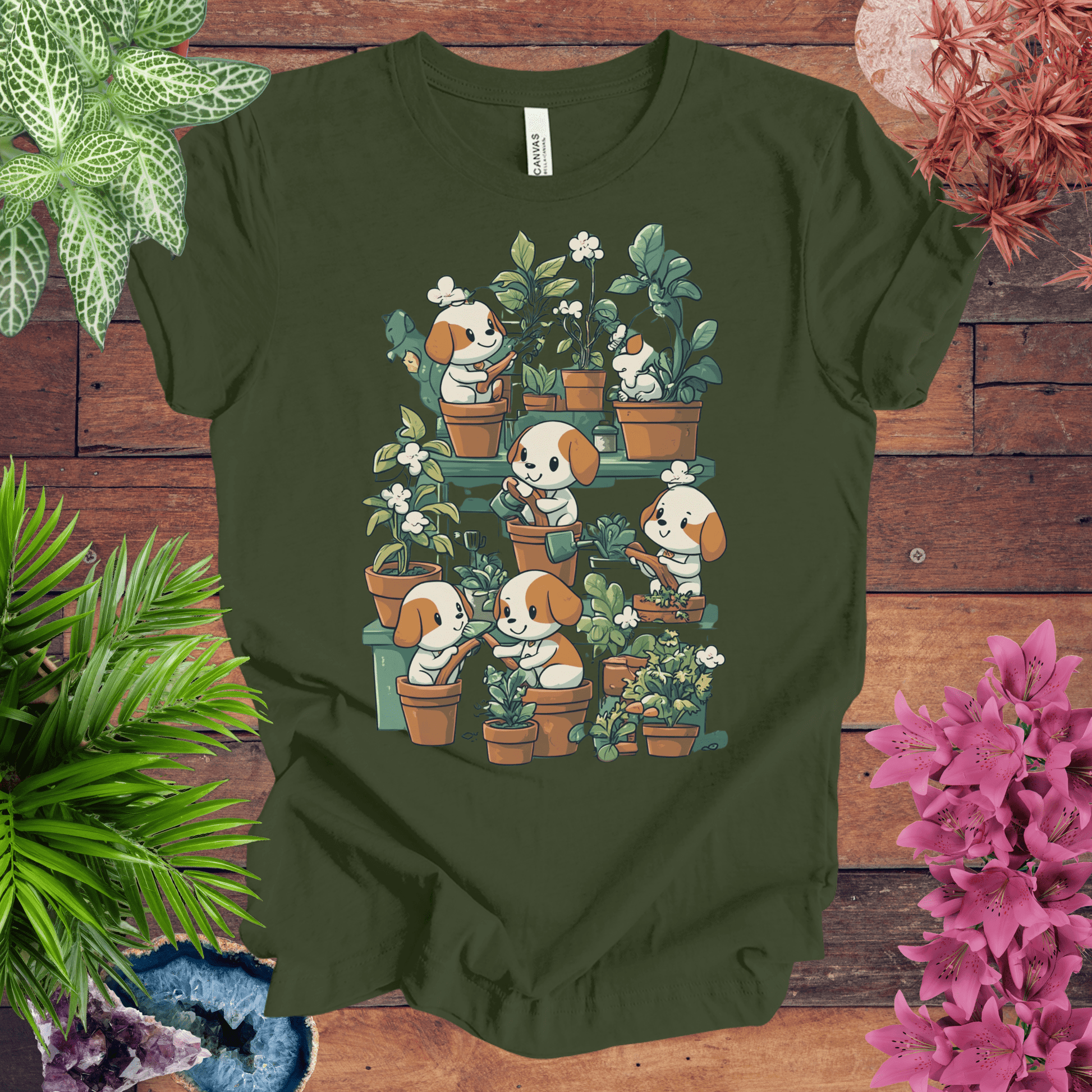 Printify T-Shirt Military Green / S Puppy Garden Gathering T-Shirt