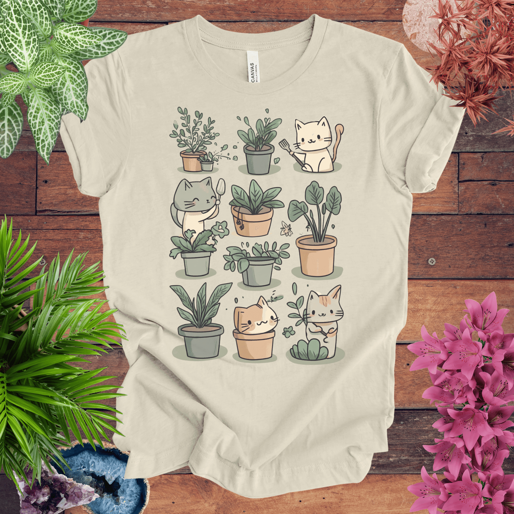 Printify T-Shirt Natural / S Mischievous Kitties Garden Helpers T-Shirt