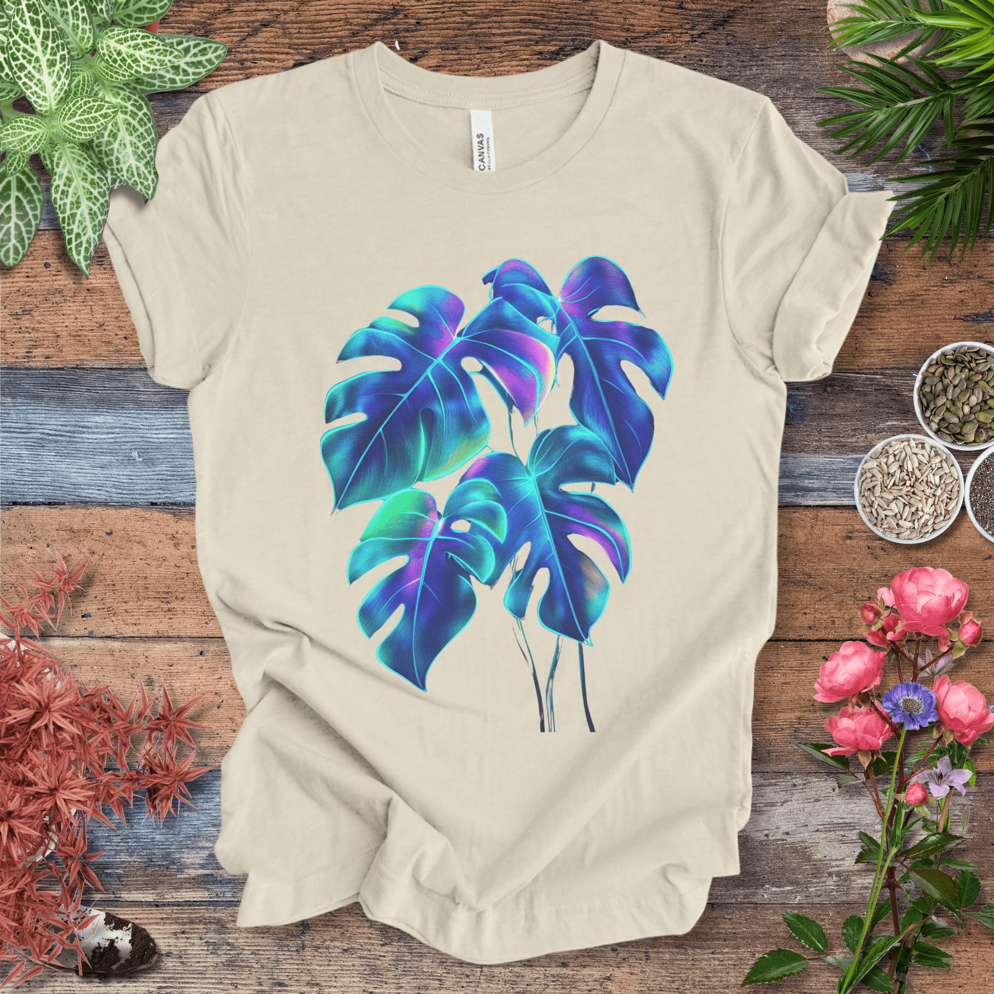 Printify T-Shirt Natural / S Neon Rainbow Monstera Jungle Aesthetic Plant Lover T-Shirt