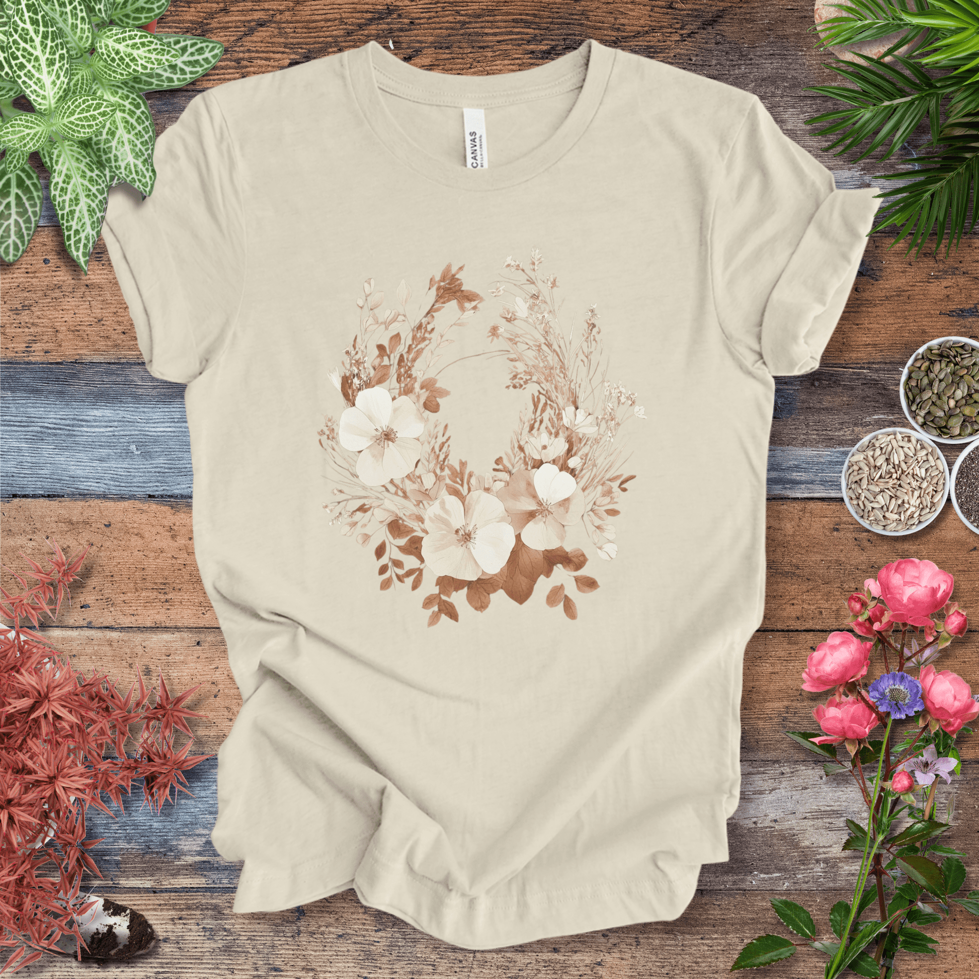 Printify T-Shirt Natural / S Rustic Floral Wreath Botanical T-Shirt