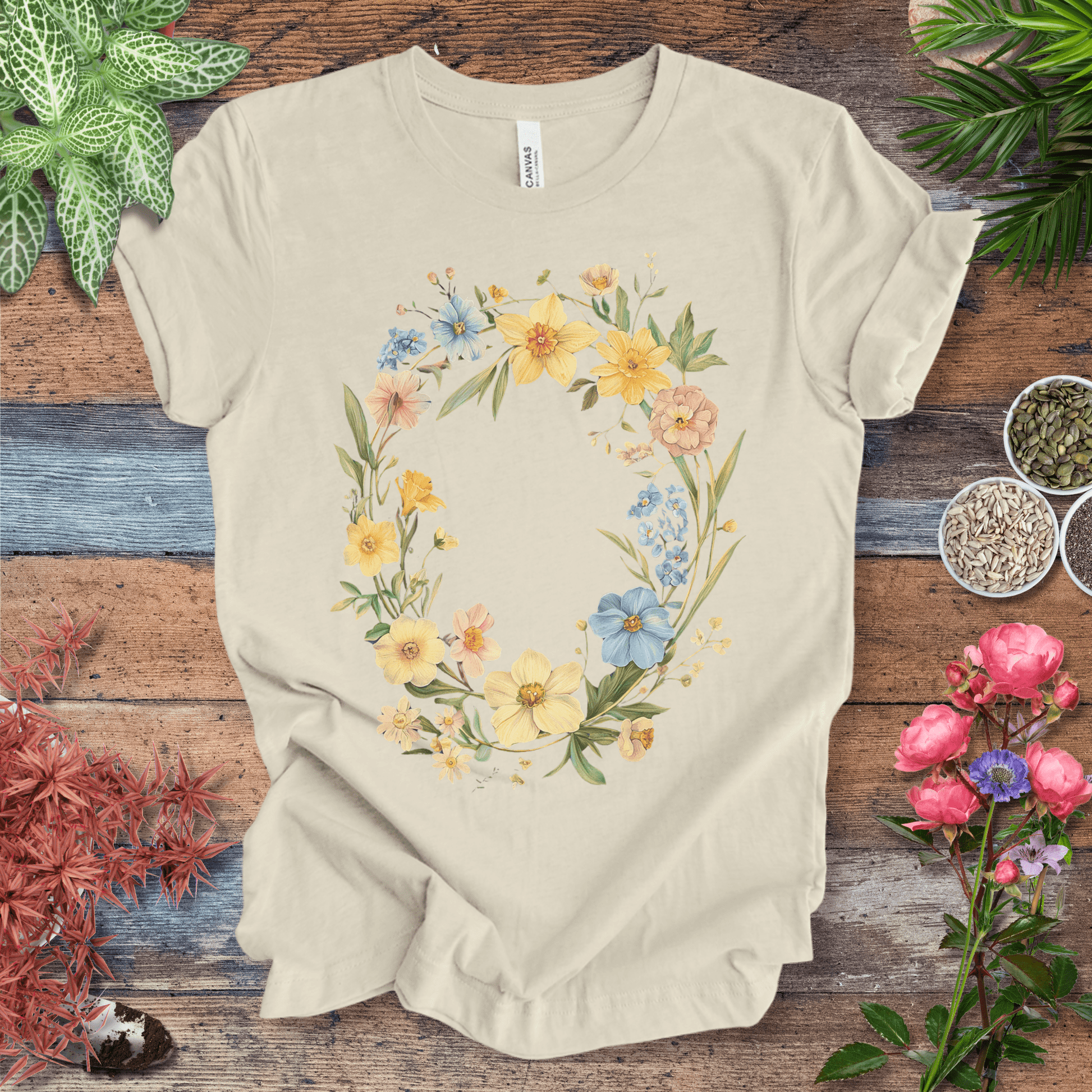 Printify T-Shirt Natural / S Spring Meadow Floral Wreath T-Shirt