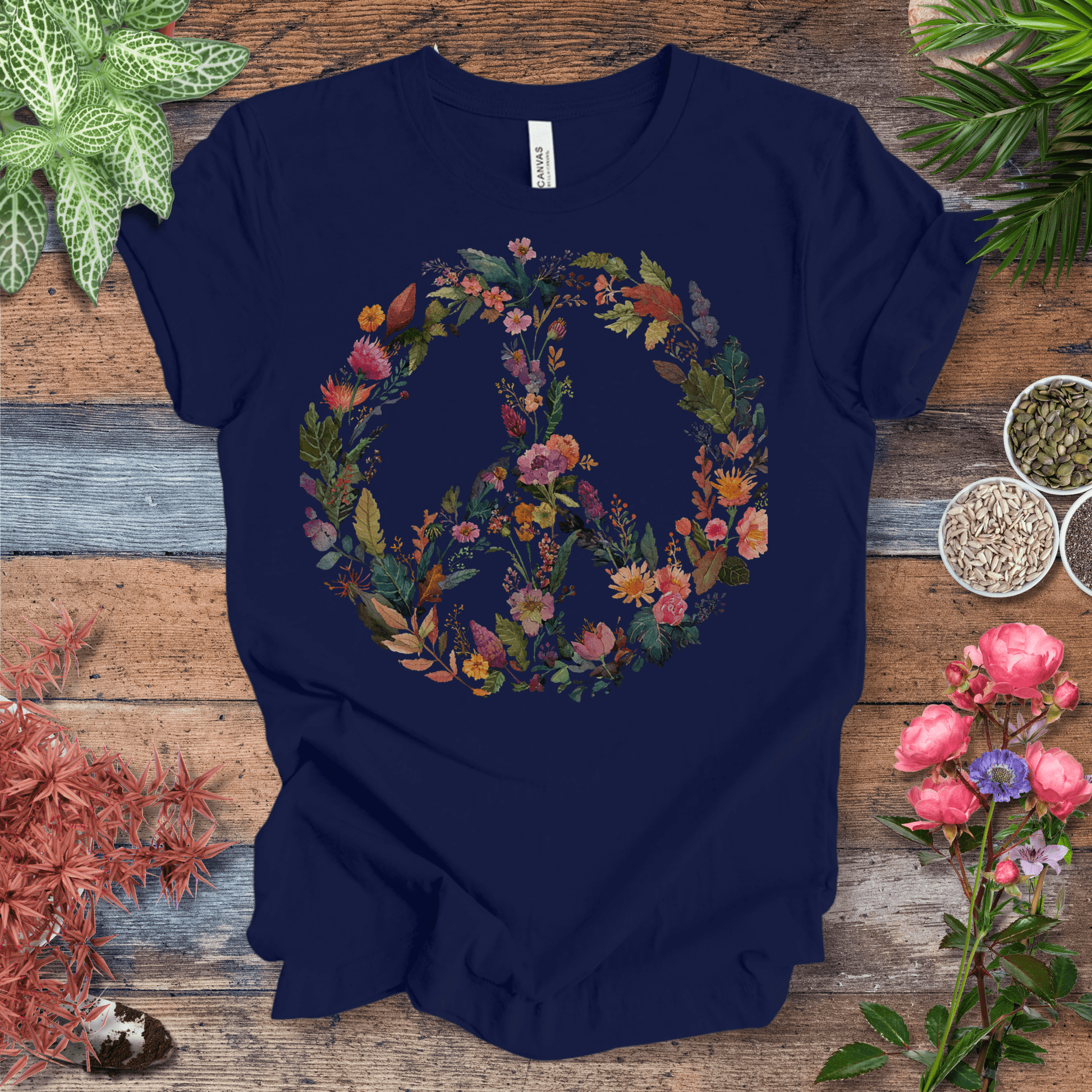 Printify T-Shirt Navy / S Autumn Floral Peace Wreath Tee – Fall Color Botanical T-Shirt | Sustainable Garden Lover Shirt | Plant Parent Gift