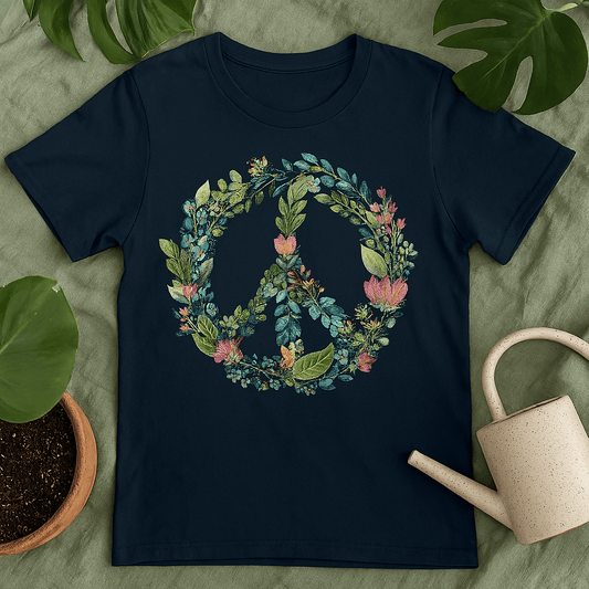Printify T-Shirt Navy / S Floral Peace Sign T-Shirt – Watercolor Green & Pink Botanical Wreath | Plant Lover Graphic Tee, Eco Cotton Unisex Shirt