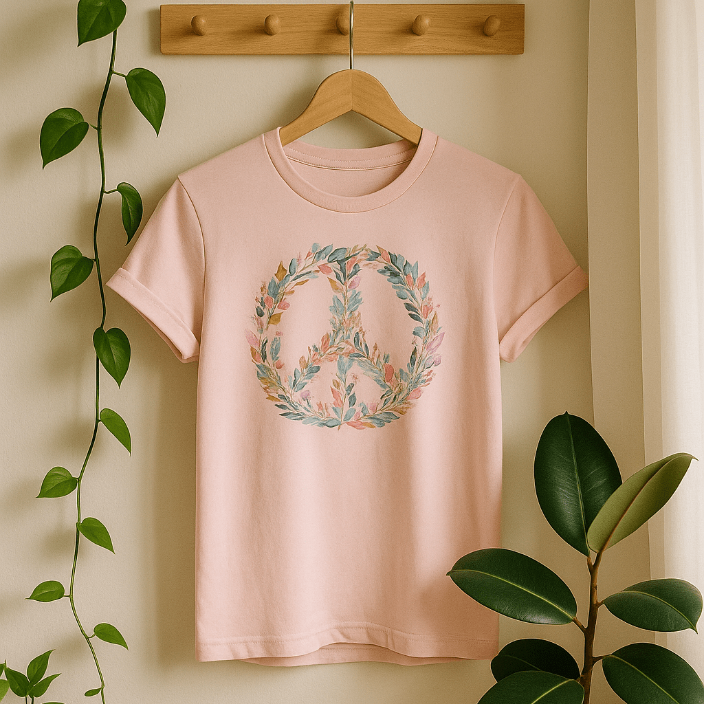 Printify T-Shirt Pastel Watercolor Peace Sign Floral T-Shirt | Boho Rainbow Garden Wreath Tee, Hippie Festival Top, Spring-Summer 2025 Trend