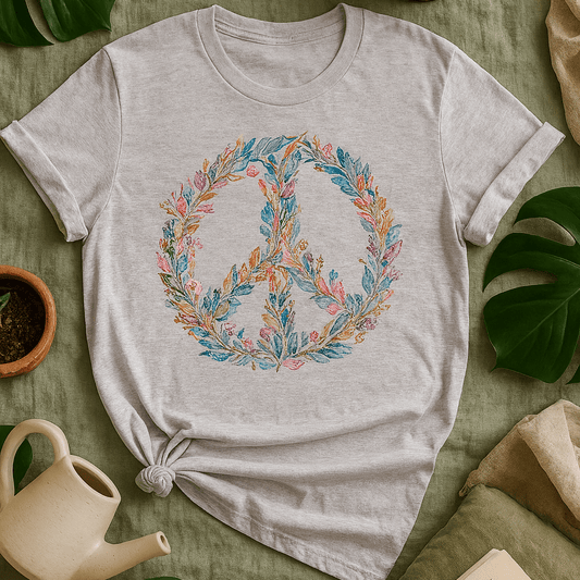 Printify T-Shirt Pastel Watercolor Peace Sign Floral T-Shirt | Boho Rainbow Garden Wreath Tee, Hippie Festival Top, Spring-Summer 2025 Trend