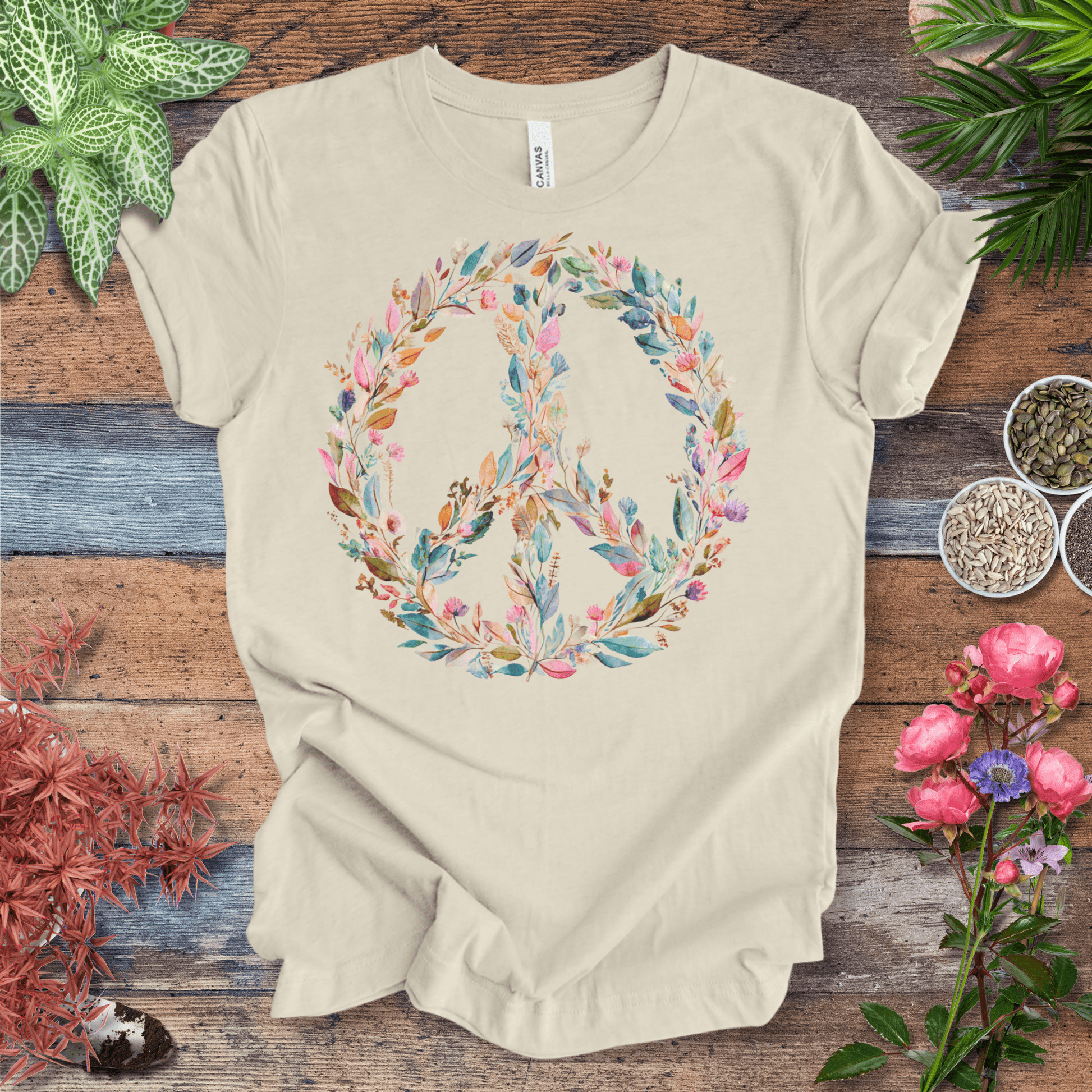 Printify T-Shirt Pastel Watercolor Peace Sign Floral T-Shirt | Boho Rainbow Garden Wreath Tee, Hippie Festival Top, Spring-Summer 2025 Trend