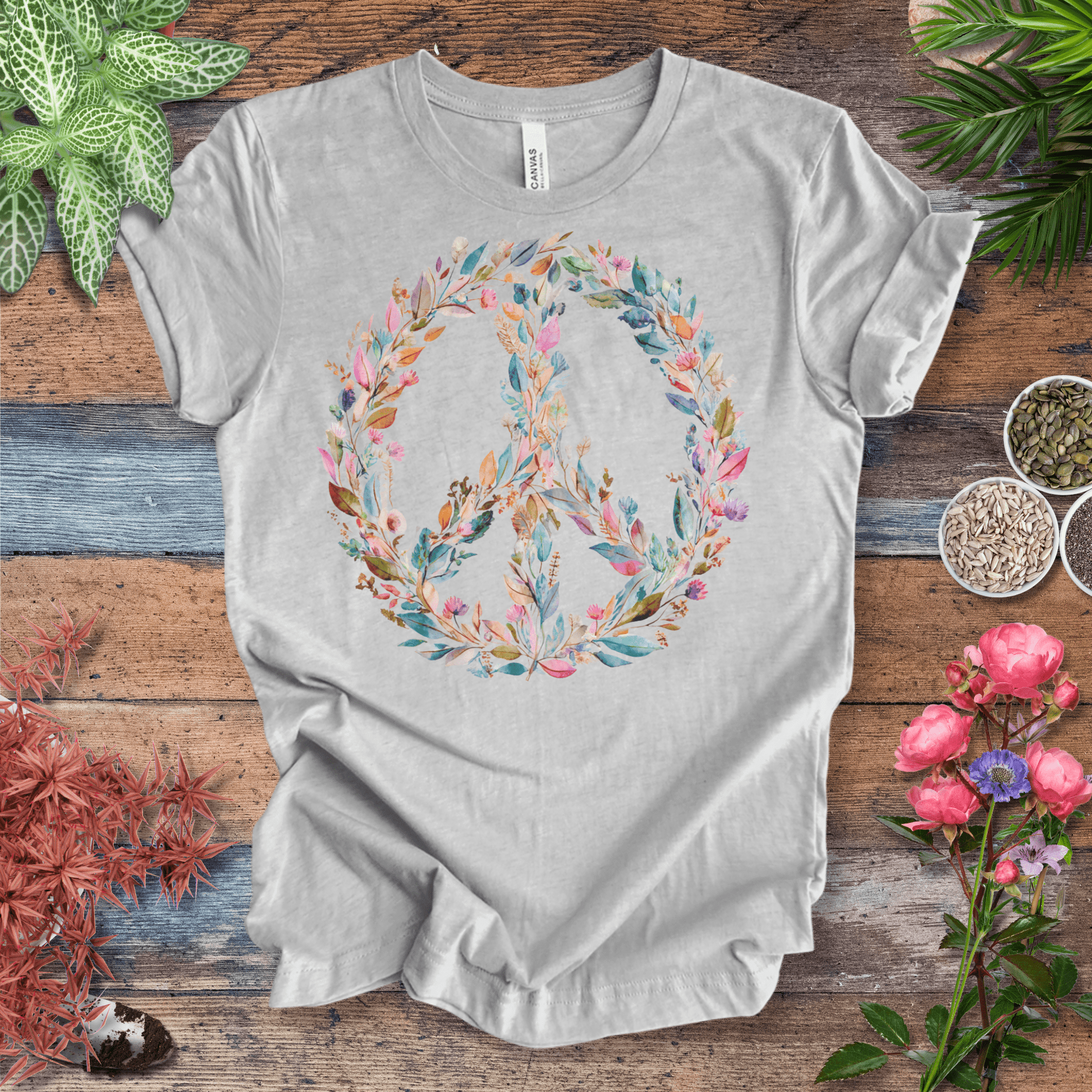 Printify T-Shirt Pastel Watercolor Peace Sign Floral T-Shirt | Boho Rainbow Garden Wreath Tee, Hippie Festival Top, Spring-Summer 2025 Trend