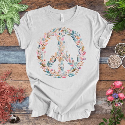 Printify T-Shirt Pastel Watercolor Peace Sign Floral T-Shirt | Boho Rainbow Garden Wreath Tee, Hippie Festival Top, Spring-Summer 2025 Trend