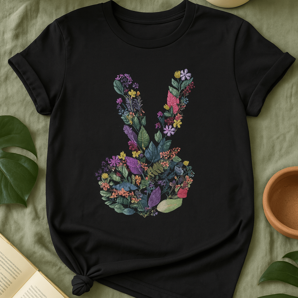 Printify T-Shirt Peace Hand Floral T-Shirt – Watercolor V Sign Tee | Garden Activist Shirt | Sustainable Plant Lover Unisex Gift