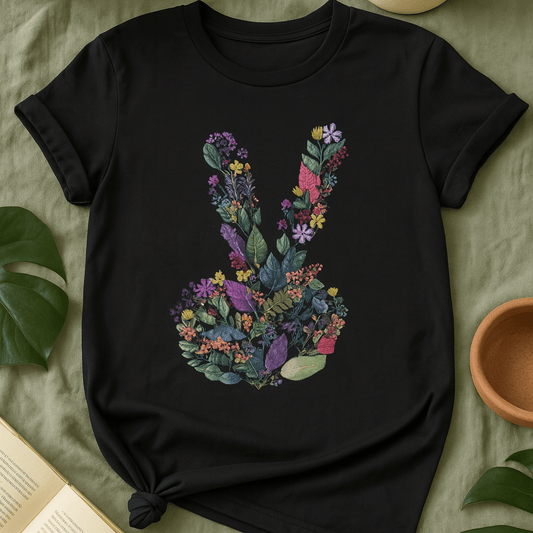 Printify T-Shirt Peace Hand Floral T-Shirt – Watercolor V Sign Tee | Garden Activist Shirt | Sustainable Plant Lover Unisex Gift