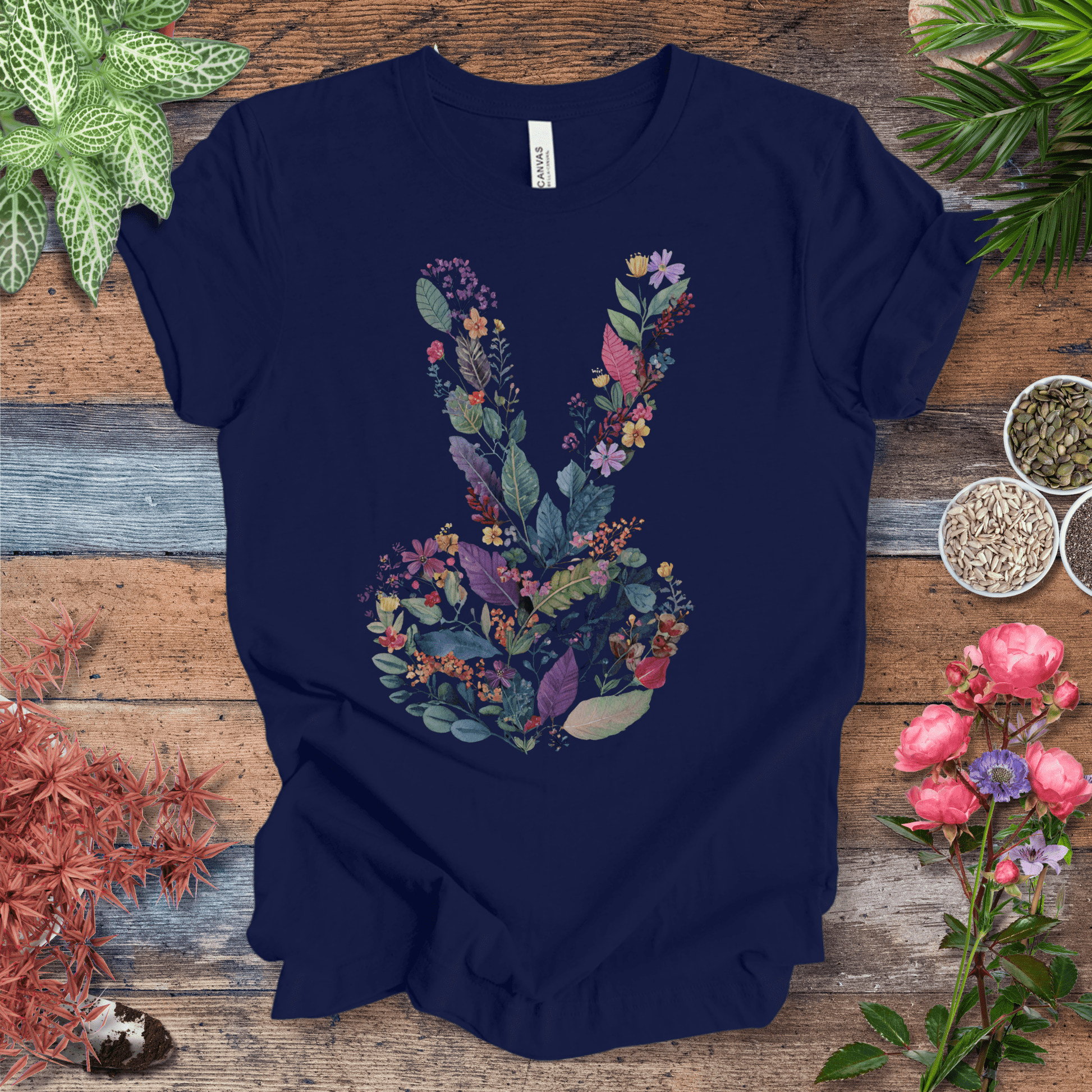 Printify T-Shirt Peace Hand Floral T-Shirt – Watercolor V Sign Tee | Garden Activist Shirt | Sustainable Plant Lover Unisex Gift
