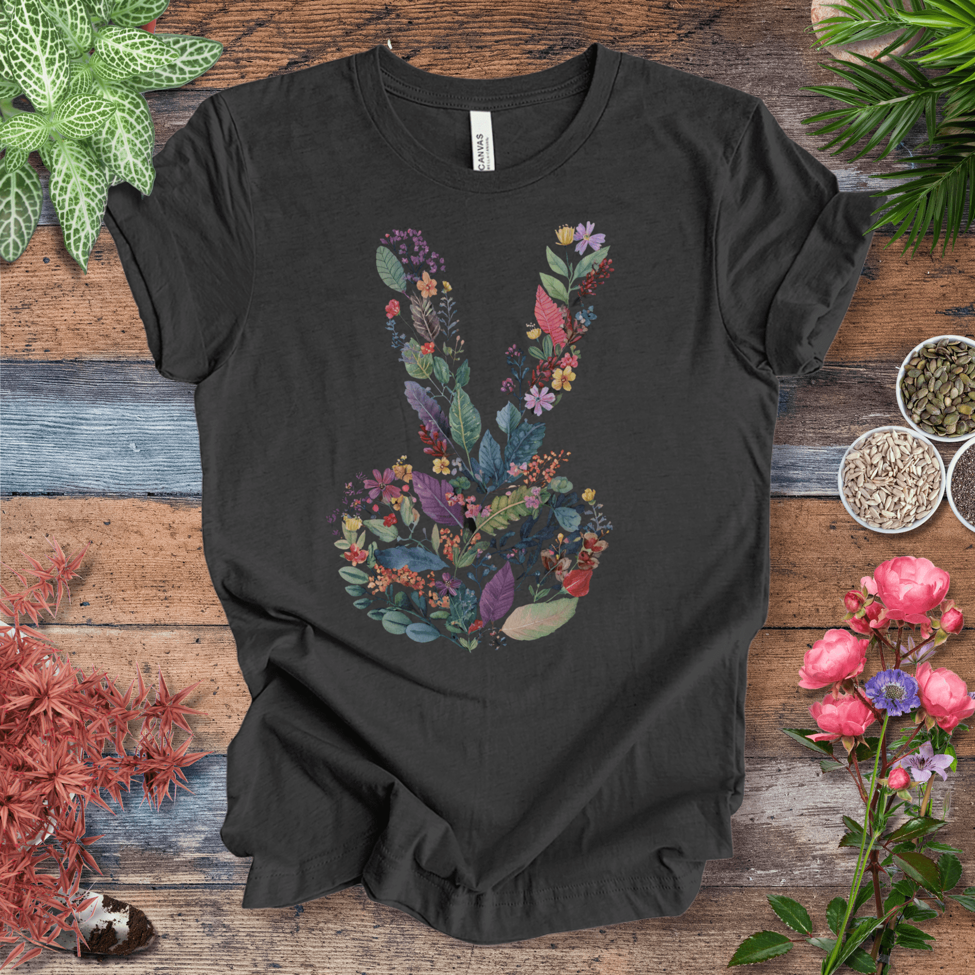 Printify T-Shirt Peace Hand Floral T-Shirt – Watercolor V Sign Tee | Garden Activist Shirt | Sustainable Plant Lover Unisex Gift